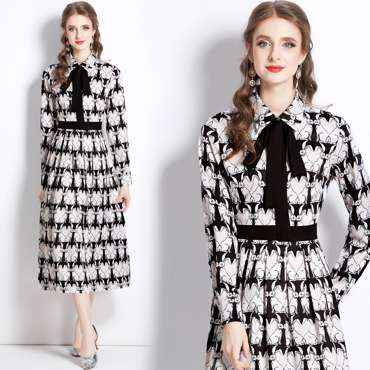 CM-DY080969 Women Elegant European Style Collar Neckline High Waist Lapel Dress