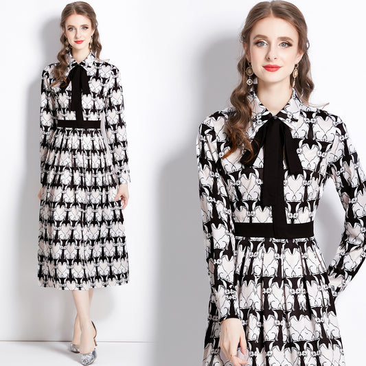 CM-DY080969 Women Elegant European Style Collar Neckline High Waist Lapel Dress