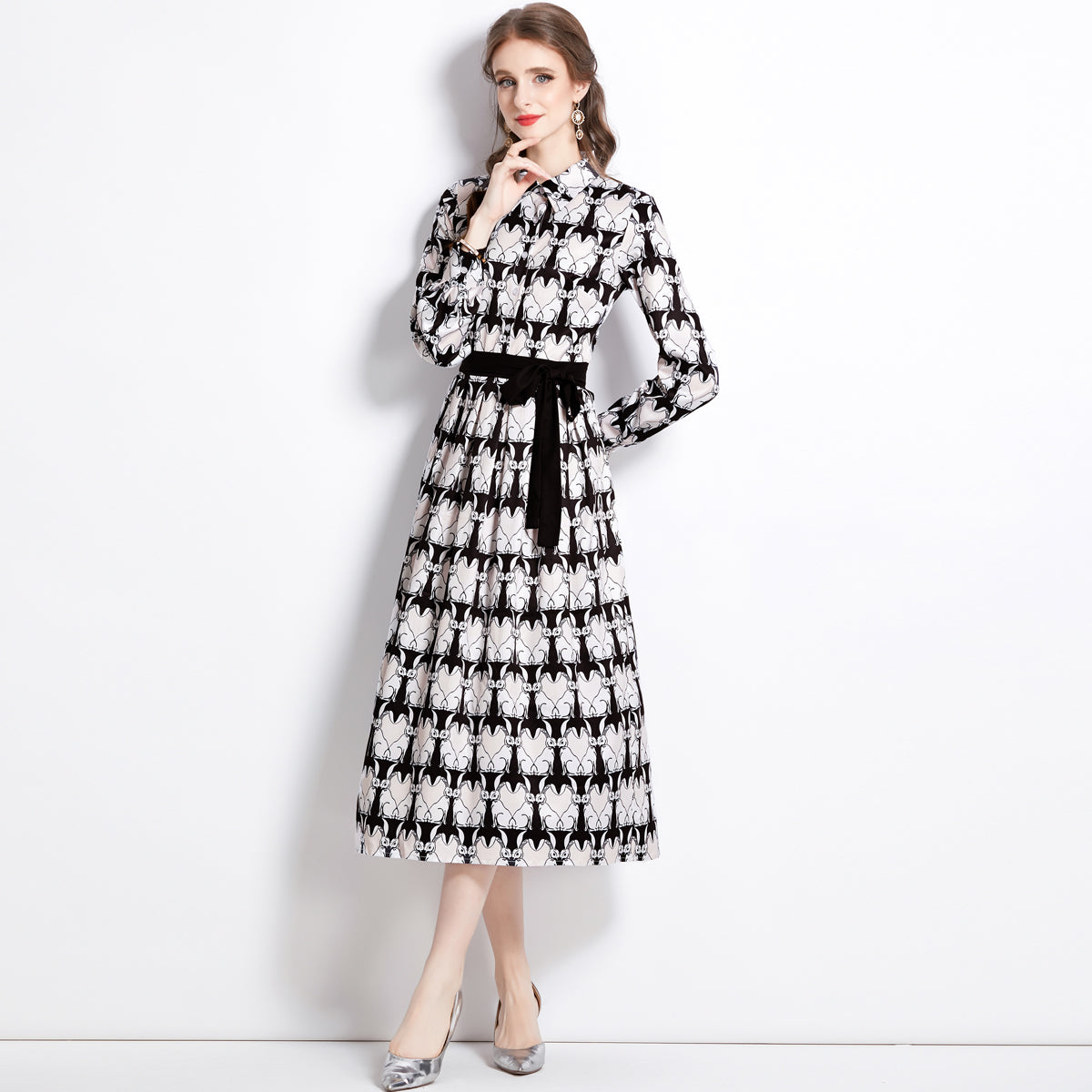 CM-DY080969 Women Elegant European Style Collar Neckline High Waist Lapel Dress