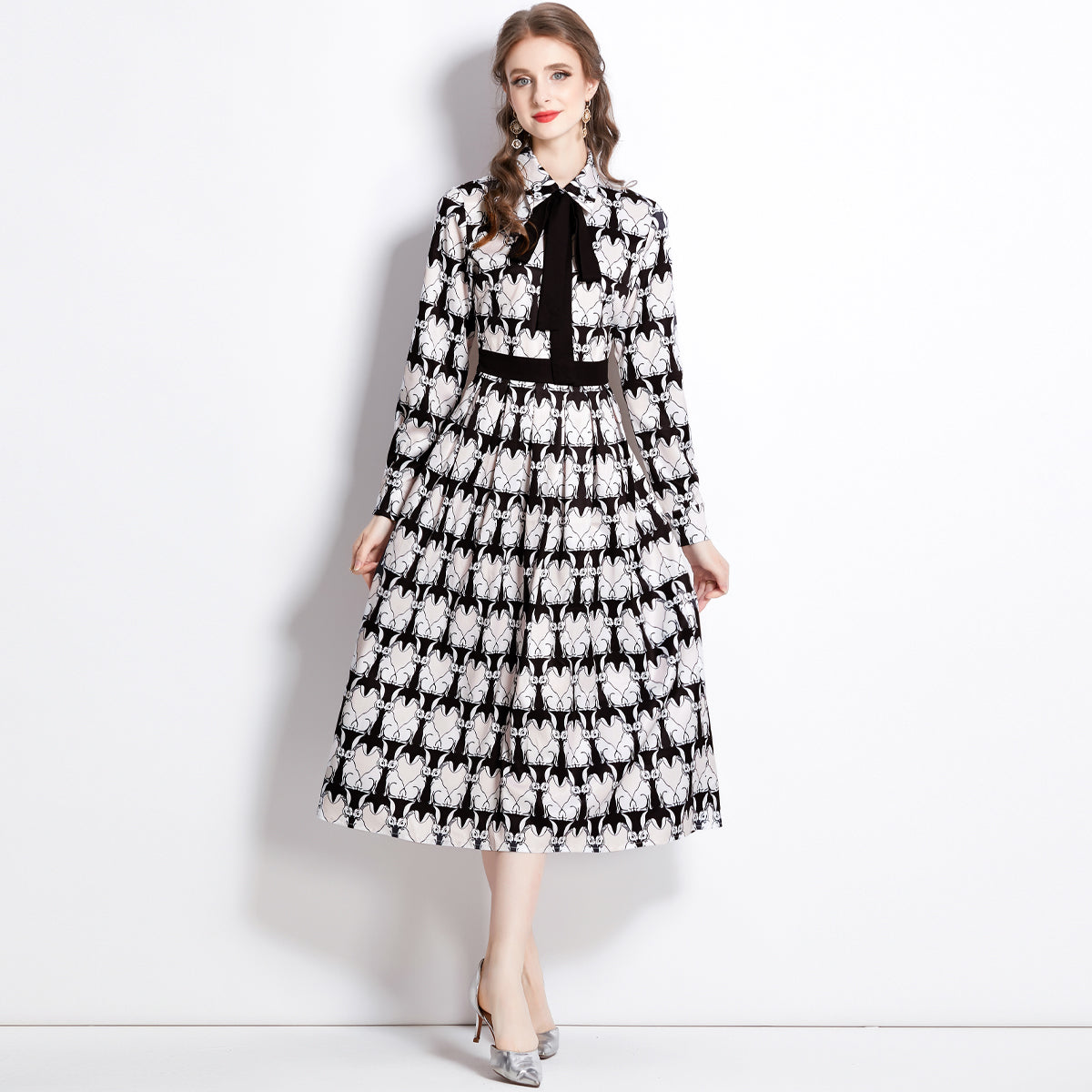 CM-DY080969 Women Elegant European Style Collar Neckline High Waist Lapel Dress
