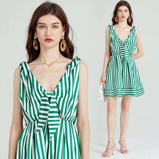 CM-DY080974 Women Casual European Style Bow Stripe Pinched Waist Dress - Green
