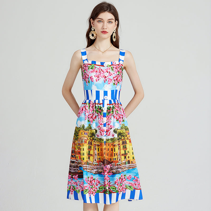 CM-DY080975 Women Elegant Euroepan Style Sleeveless Floral Print High Waist Dress