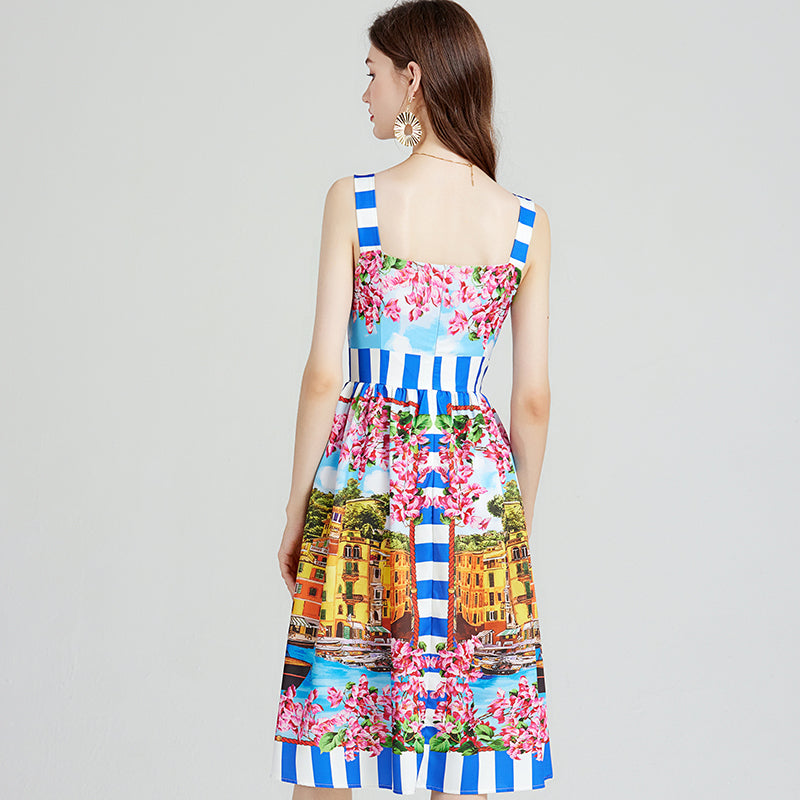 CM-DY080975 Women Elegant Euroepan Style Sleeveless Floral Print High Waist Dress