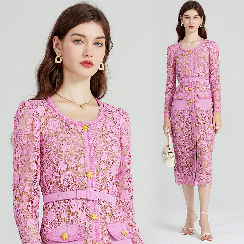 CM-DY080977 Women Elegant European Style Long Sleeve Lace Hollow Dress - Pink
