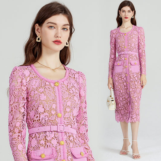 CM-DY080977 Women Elegant European Style Long Sleeve Lace Hollow Dress - Pink