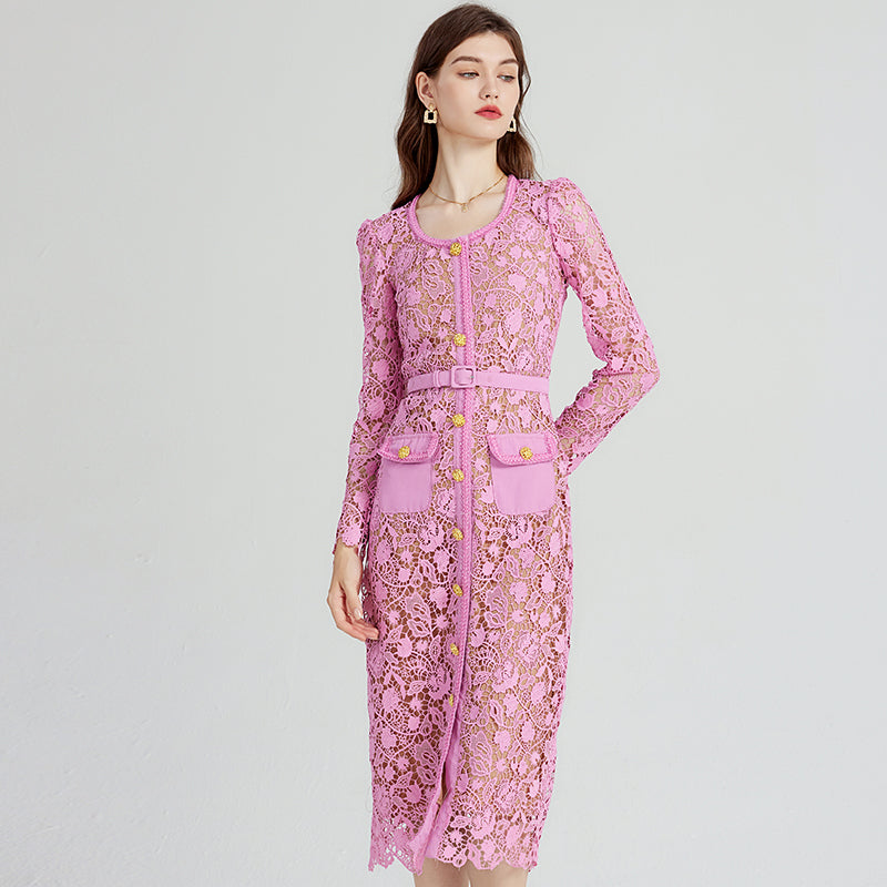 CM-DY080977 Women Elegant European Style Long Sleeve Lace Hollow Dress - Pink
