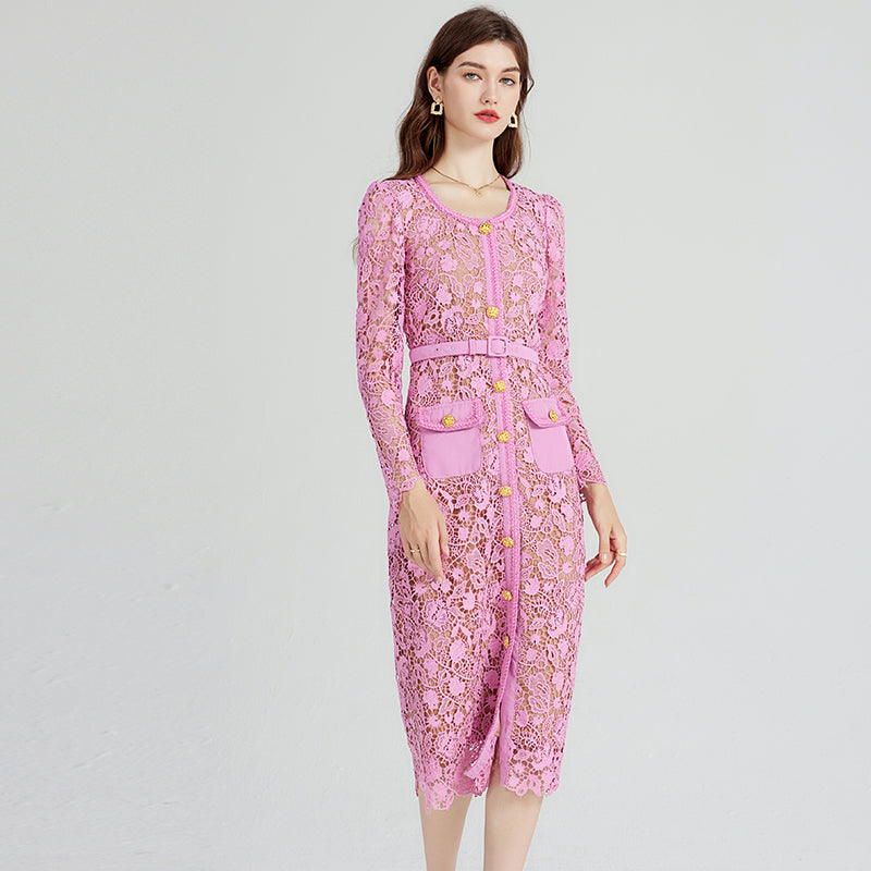 CM-DY080977 Women Elegant European Style Long Sleeve Lace Hollow Dress - Pink