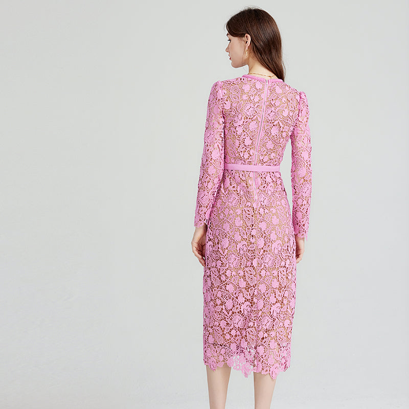 CM-DY080977 Women Elegant European Style Long Sleeve Lace Hollow Dress - Pink