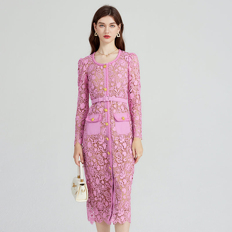 CM-DY080977 Women Elegant European Style Long Sleeve Lace Hollow Dress - Pink