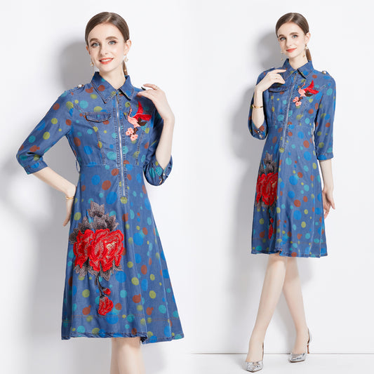 CM-DY080980 Women Elegant European Style Pinched Waist Polka Dot Lapel Slim Denim Dress
