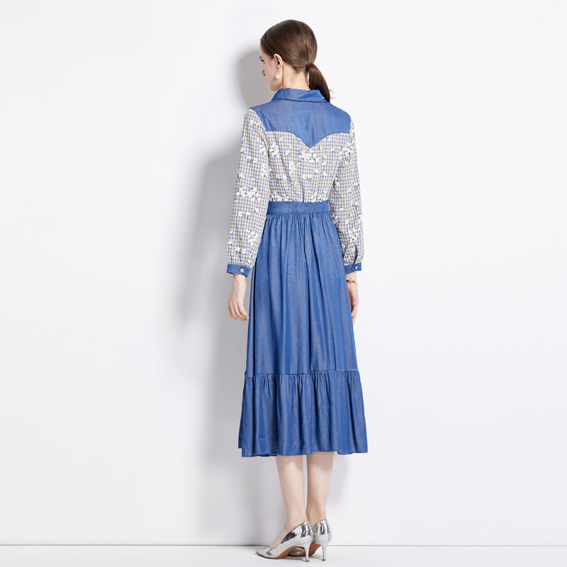 CM-DY080981 Women Casual European Style Pinched Waist Splice Plaid Denim Dress