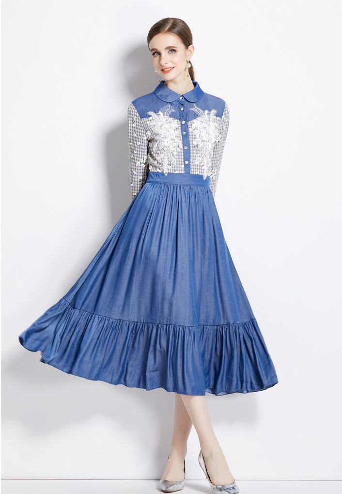 CM-DY080981 Women Casual European Style Pinched Waist Splice Plaid Denim Dress