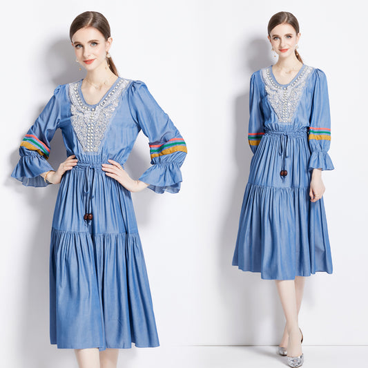 CM-DY080982 Women Retro European Style Long Sleeve Pinched Waist V-Neck Dress
