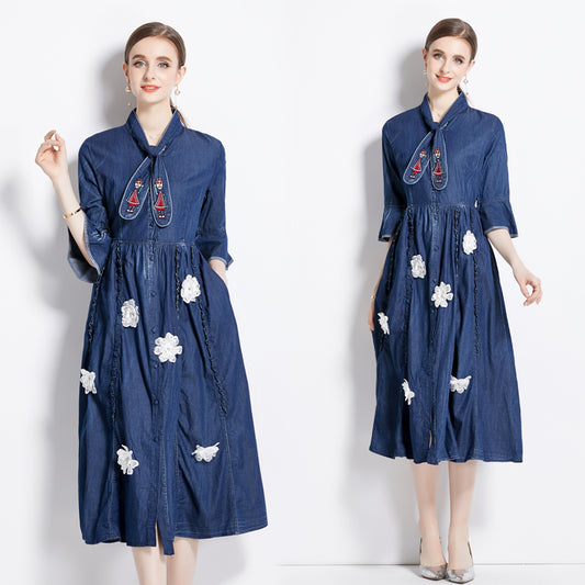 CM-DY080983 Women Retro European Style Embroidered Lotus Sleeve Denim Dress