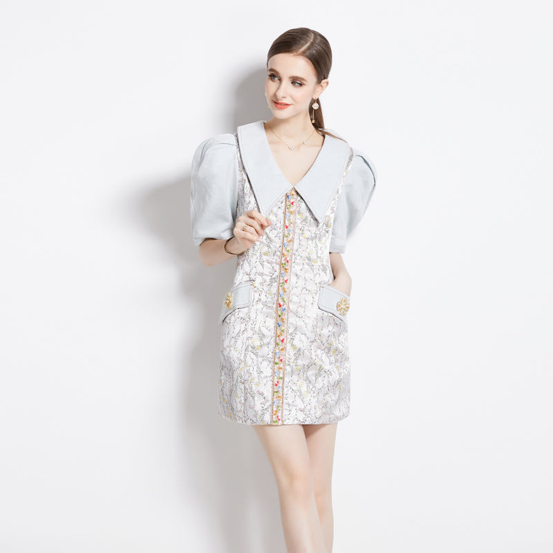 CM-DY080985 Women Retro European Style Splice Floral Puff Sleeve Lapel Denim Dress