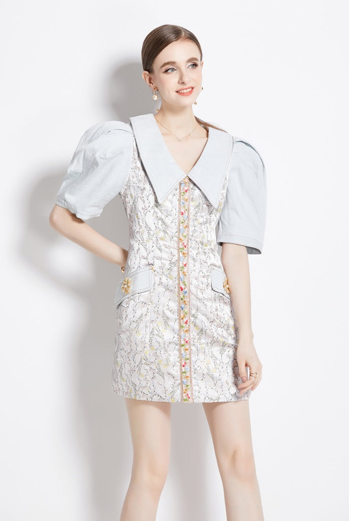 CM-DY080985 Women Retro European Style Splice Floral Puff Sleeve Lapel Denim Dress
