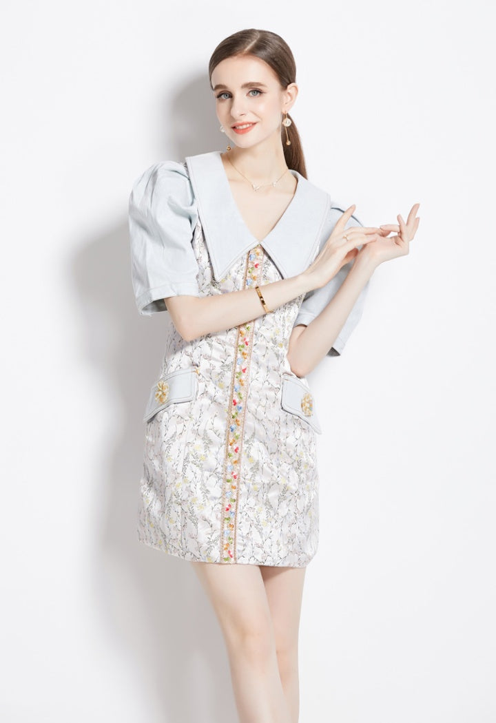CM-DY080985 Women Retro European Style Splice Floral Puff Sleeve Lapel Denim Dress