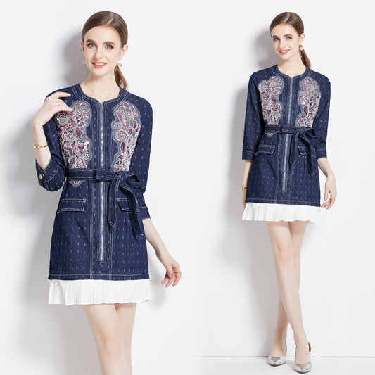 CM-DY080986 Women Elegant European Style Round Neck Jacquard Splice Denim Dress