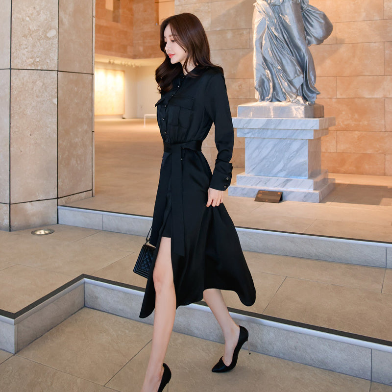 CM-DY081127 Women Elegant Seoul Style Temperament Single-Breasted Dress - Black