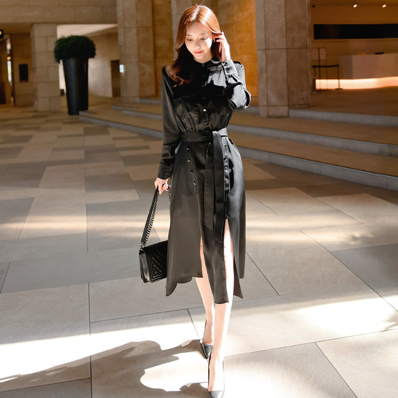 CM-DY081127 Women Elegant Seoul Style Temperament Single-Breasted Dress - Black