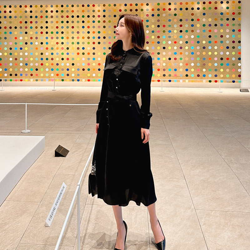 CM-DY081127 Women Elegant Seoul Style Temperament Single-Breasted Dress - Black