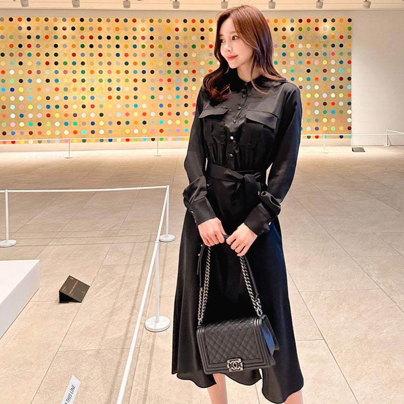 CM-DY081127 Women Elegant Seoul Style Temperament Single-Breasted Dress - Black