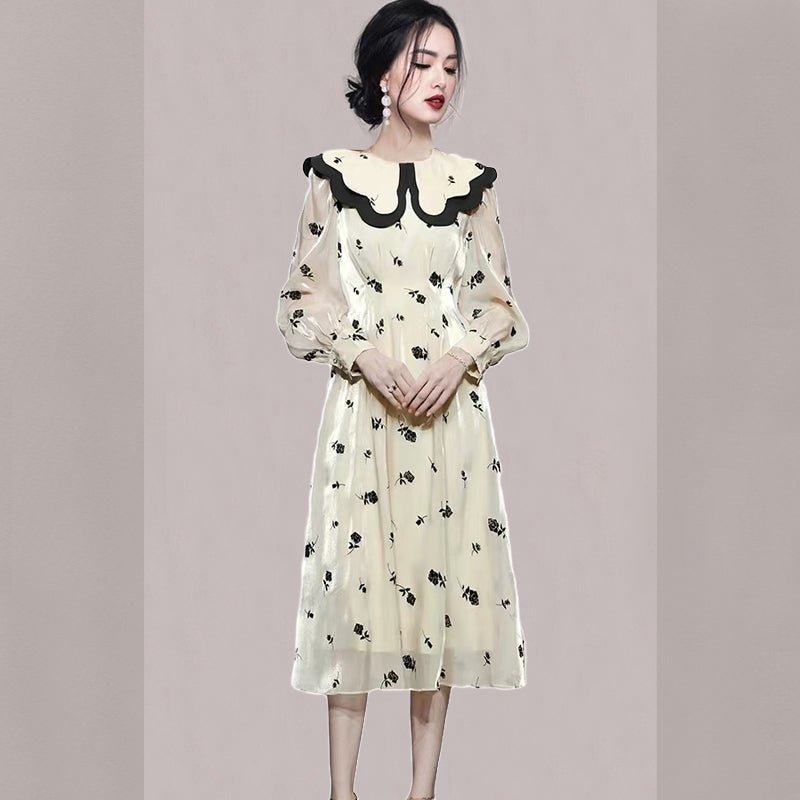 CM-DY081128 Women Elegant European Style Double Collar Lantern Sleeve Dress - Beige