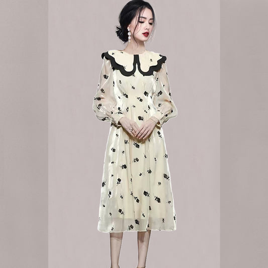 CM-DY081128 Women Elegant European Style Double Collar Lantern Sleeve Dress - Beige