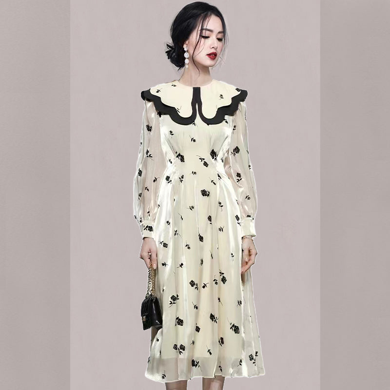 CM-DY081128 Women Elegant European Style Double Collar Lantern Sleeve Dress - Beige