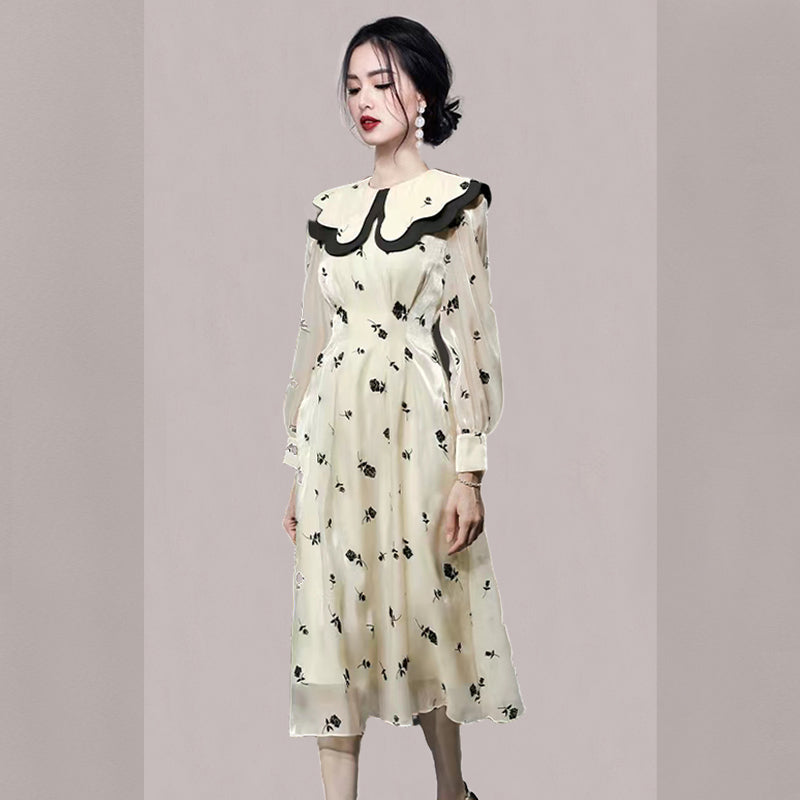 CM-DY081128 Women Elegant European Style Double Collar Lantern Sleeve Dress - Beige