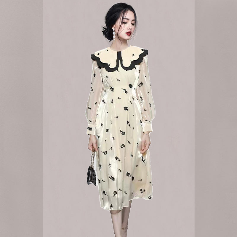 CM-DY081128 Women Elegant European Style Double Collar Lantern Sleeve Dress - Beige