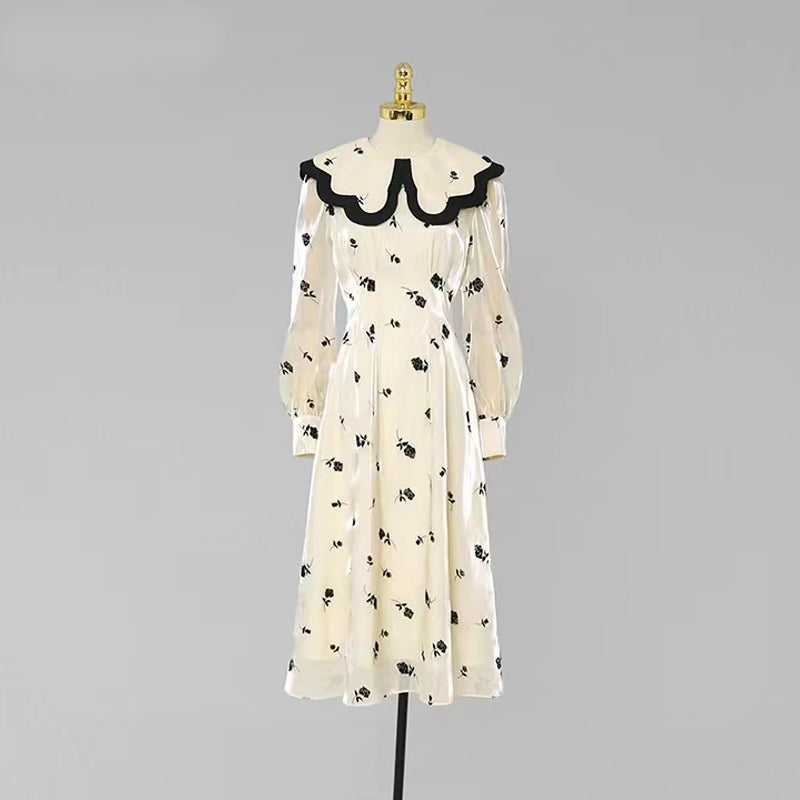 CM-DY081128 Women Elegant European Style Double Collar Lantern Sleeve Dress - Beige