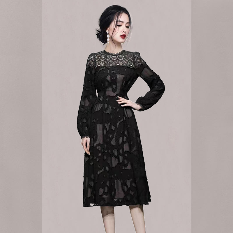 CM-DY081129 Women Elegant Seoul Style Round Neck Lantern Sleeve Slim Midi Dress - Black