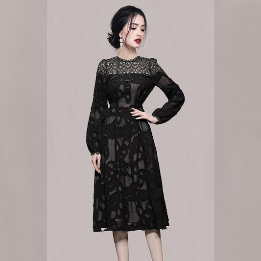 CM-DY081129 Women Elegant Seoul Style Round Neck Lantern Sleeve Slim Midi Dress - Black