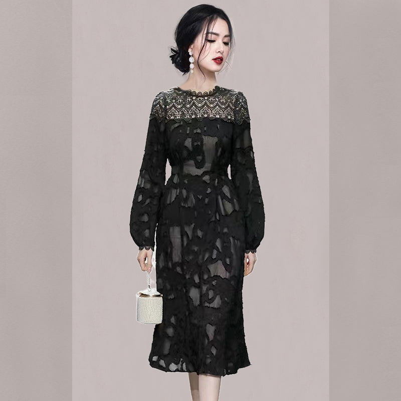 CM-DY081129 Women Elegant Seoul Style Round Neck Lantern Sleeve Slim Midi Dress - Black
