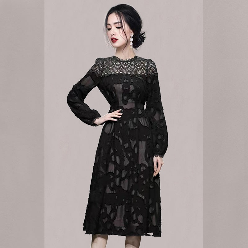 CM-DY081129 Women Elegant Seoul Style Round Neck Lantern Sleeve Slim Midi Dress - Black