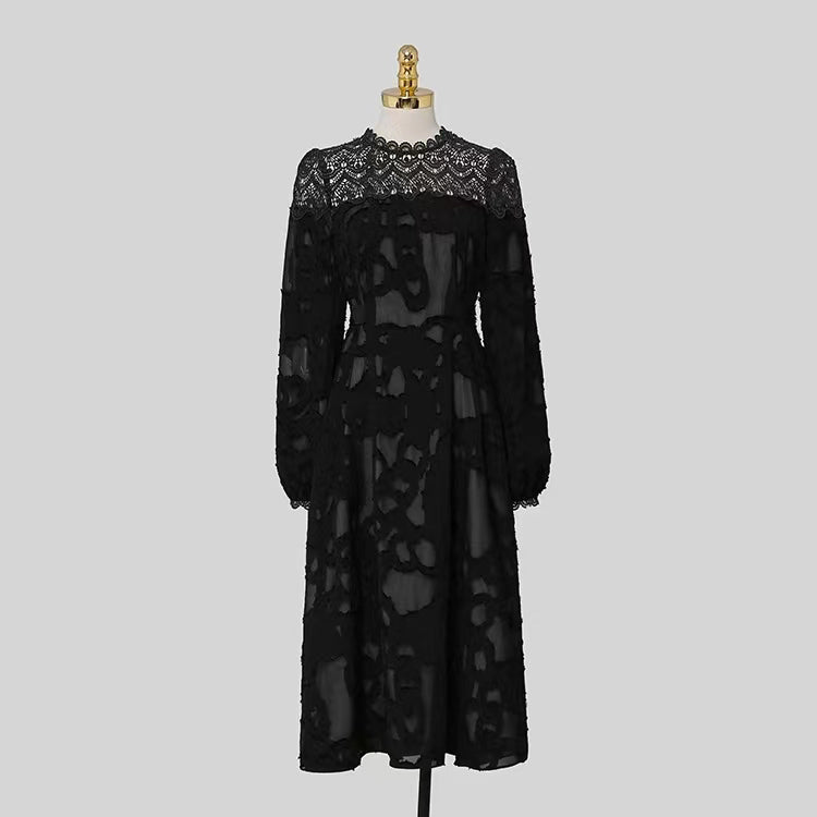 CM-DY081129 Women Elegant Seoul Style Round Neck Lantern Sleeve Slim Midi Dress - Black