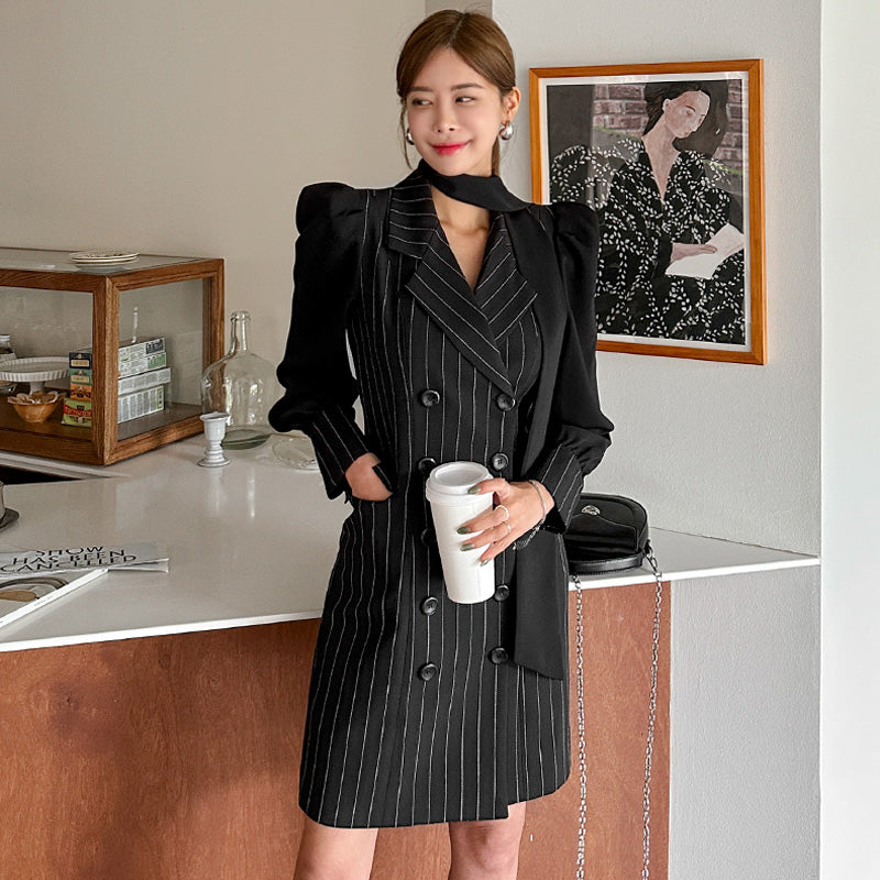 CM-DY082116 Women Elegangt Seoul Style Stripe Double-Breasted Long Sleeve Mini Dress