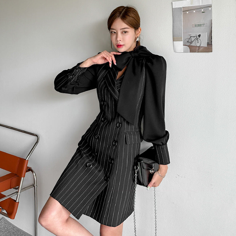 CM-DY082116 Women Elegangt Seoul Style Stripe Double-Breasted Long Sleeve Mini Dress