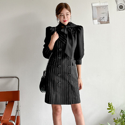 CM-DY082116 Women Elegangt Seoul Style Stripe Double-Breasted Long Sleeve Mini Dress