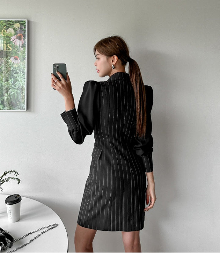 CM-DY082116 Women Elegangt Seoul Style Stripe Double-Breasted Long Sleeve Mini Dress