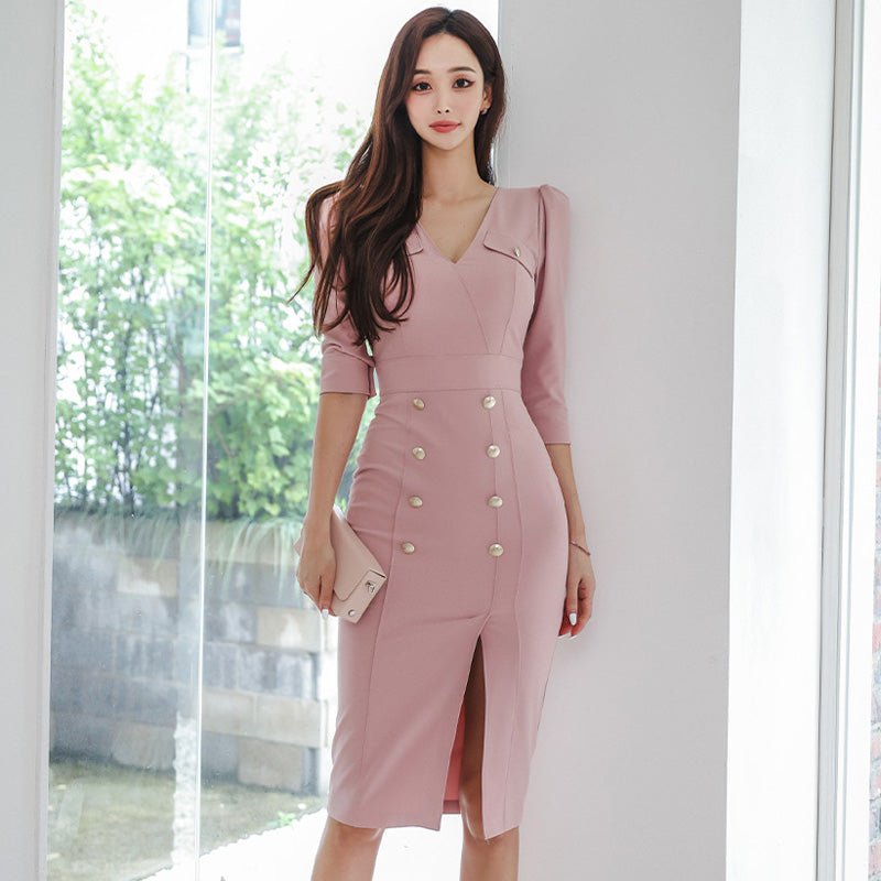 CM-DY082117 Women Elegant Seoul Style V-Neck 3/4 Sleeve Midi Dress - Pink