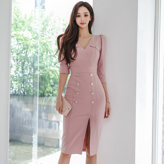 CM-DY082117 Women Elegant Seoul Style V-Neck 3/4 Sleeve Midi Dress - Pink