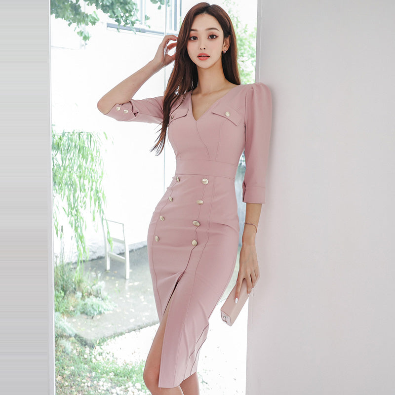 CM-DY082117 Women Elegant Seoul Style V-Neck 3/4 Sleeve Midi Dress - Pink