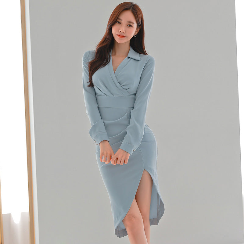 CM-DY082118 Women Elegant Seoul Style V-Neck Long Sleeve Midi Dress - Light Blue