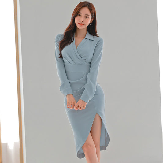 CM-DY082118 Women Elegant Seoul Style V-Neck Long Sleeve Midi Dress - Light Blue