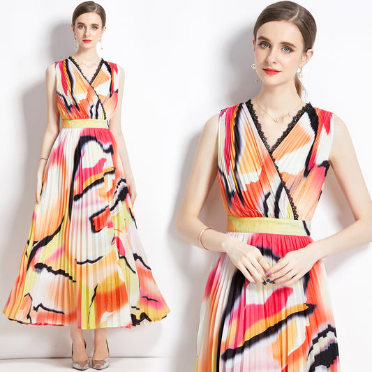 CM-DY082139 Women Retro European Style V-Neck Sleeveless Maxi Dress