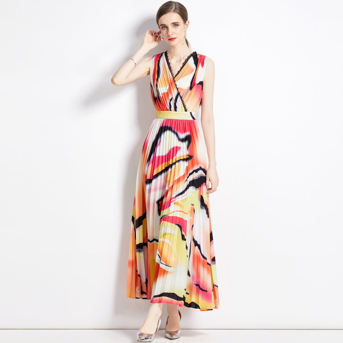 CM-DY082139 Women Retro European Style V-Neck Sleeveless Maxi Dress