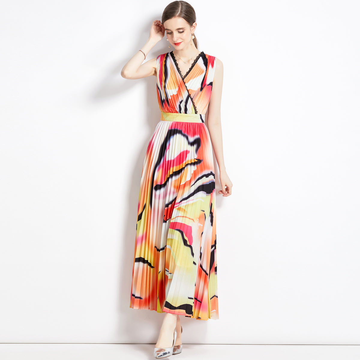 CM-DY082139 Women Retro European Style V-Neck Sleeveless Maxi Dress