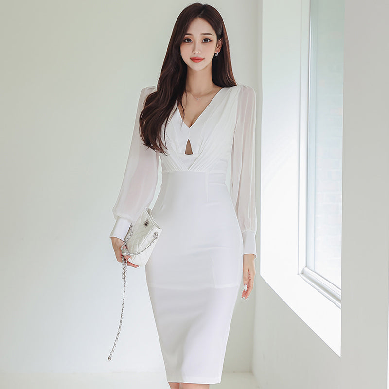 CM-DY082152 Women Elegant Seoul Style V-Neck Long Sleeve Slim Dress (Available in 2 colors)